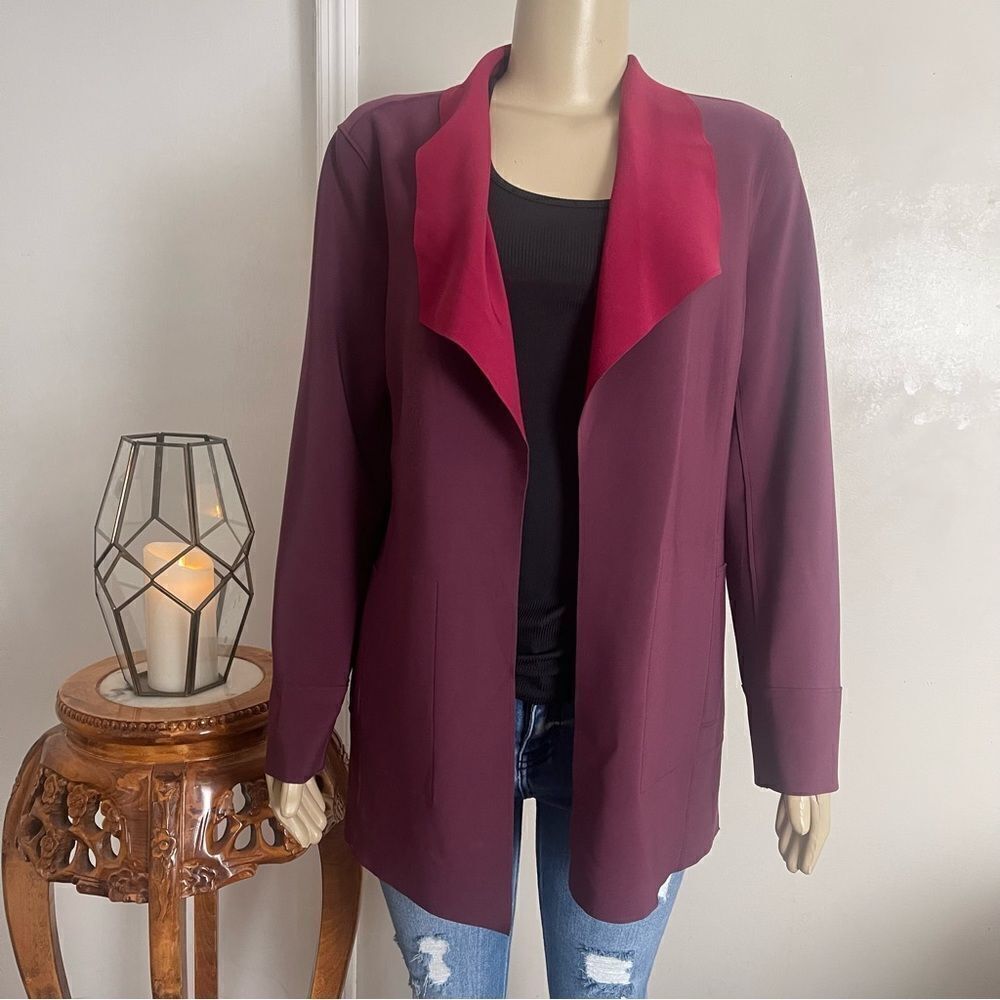 Chicos Travelers Sz 1 (Med 8-10)‎ Open Front Jacket Deep Merlot Blazer Pockets